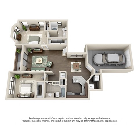 a 3d floor plan with a bedroom and a living room